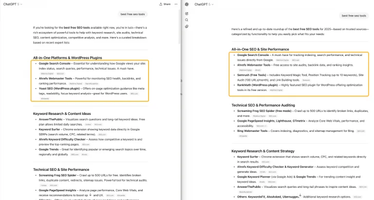 一张截图,展示 ChatGPT 对完全相同的提示“best free seo tools”给出的两种不同回复。两次回复在布局、分类和具体工具推荐上都不相同,凸显了 AI 的不一致性。