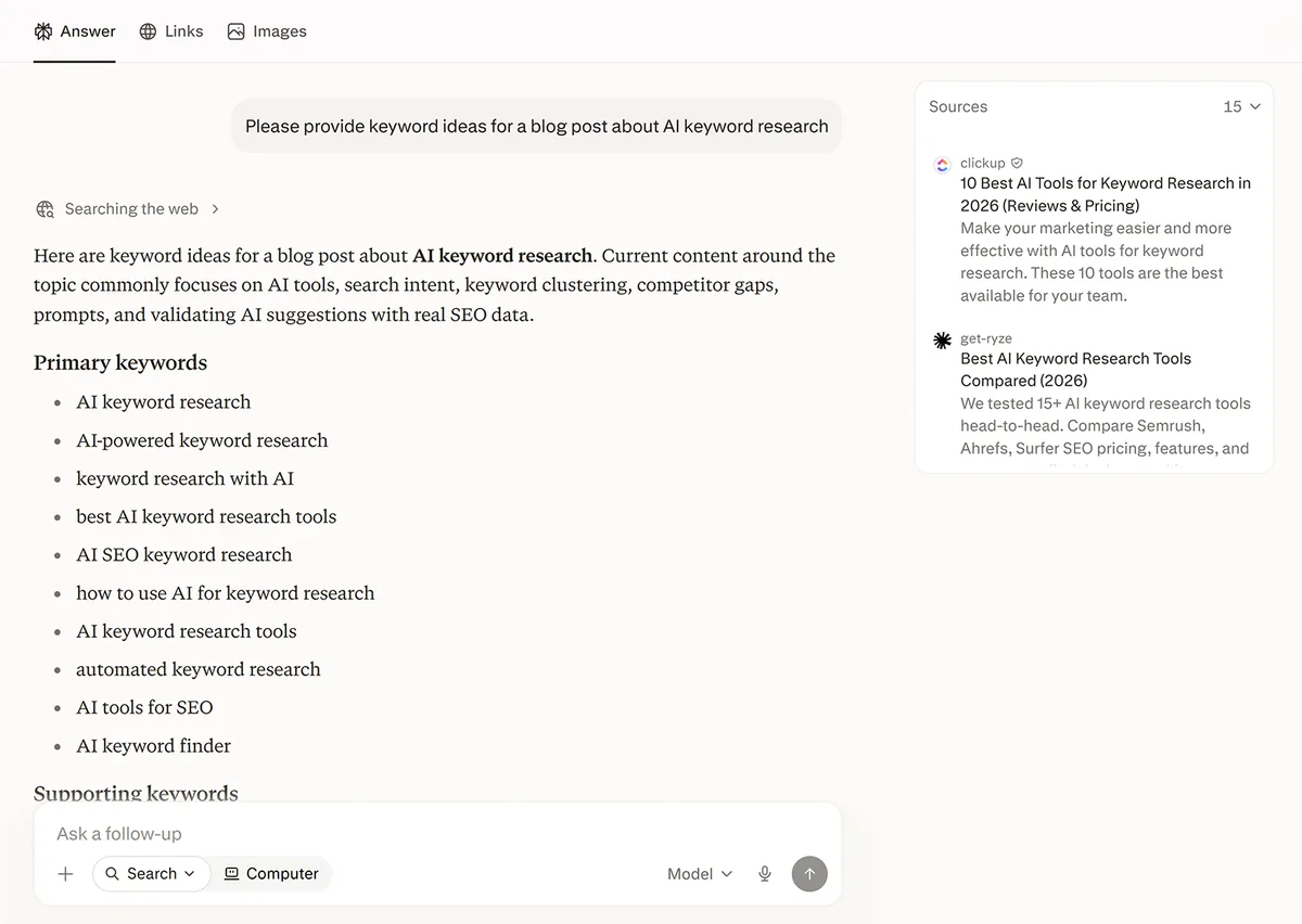 Perplexity 基于当前网络搜索结果建议主要的 AI 关键词研究词条
