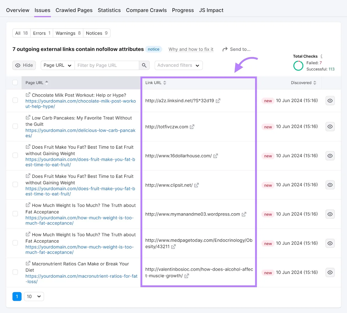 Site Audit 工具“7 outgoing external links contain nofollow attributes”页面，高亮“Link URL”列