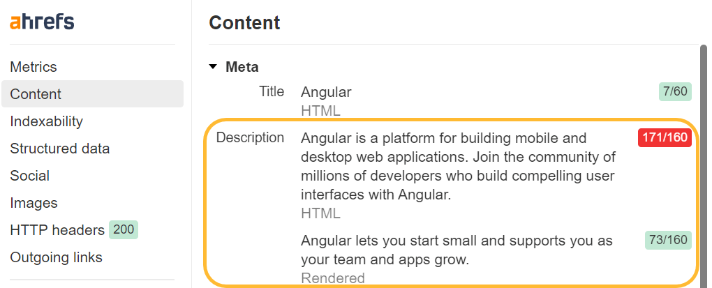 Ahrefs SEO Toolbar 显示原始标签与渲染后标签(如 title、description、canonical)之间的差异