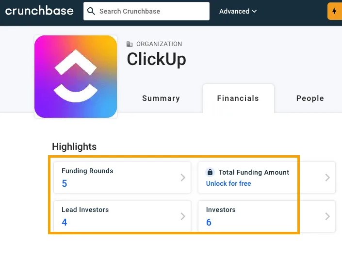 Clickup 在 Crunchbase 上的融资历史截图