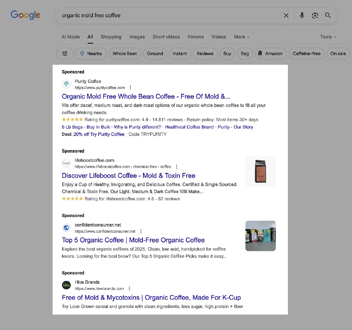Google 搜索结果，展示 organic mold free coffee 的赞助广告。