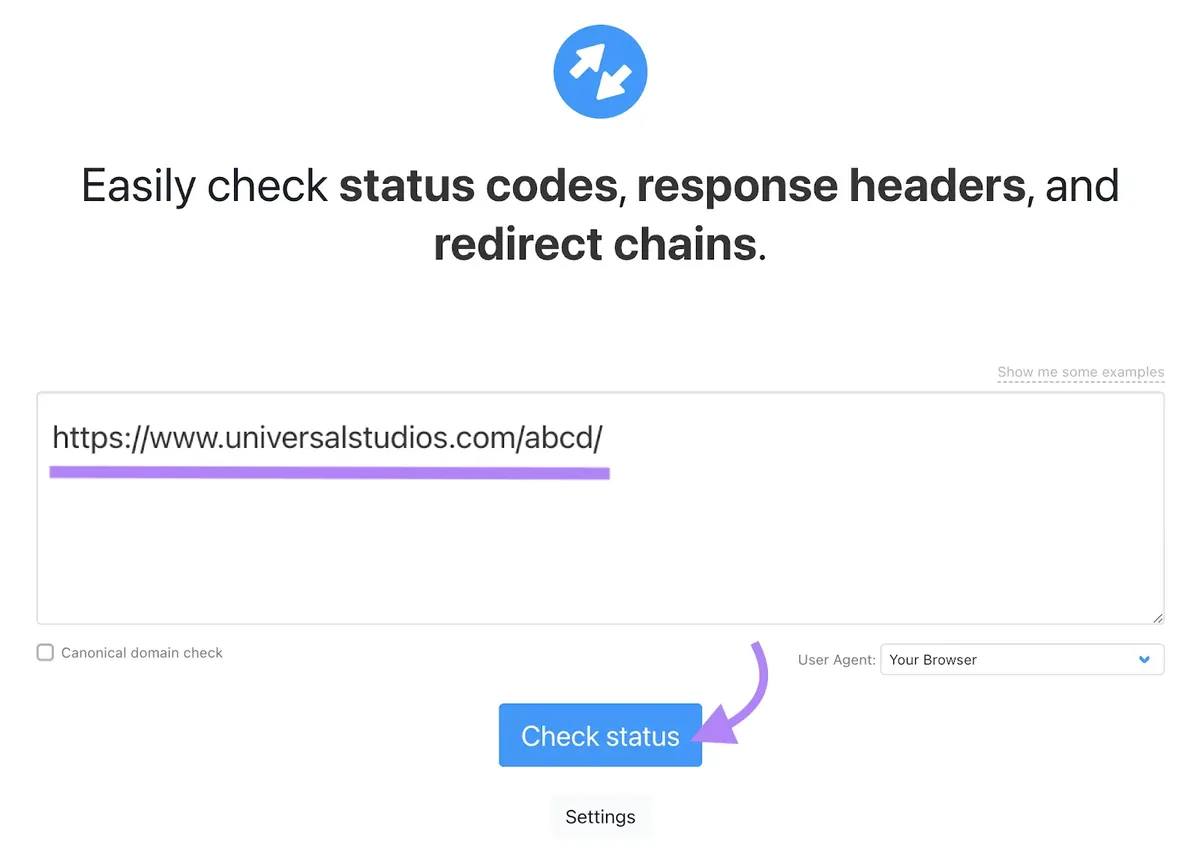 将 URL 粘贴到 httpstatus.io 工具中