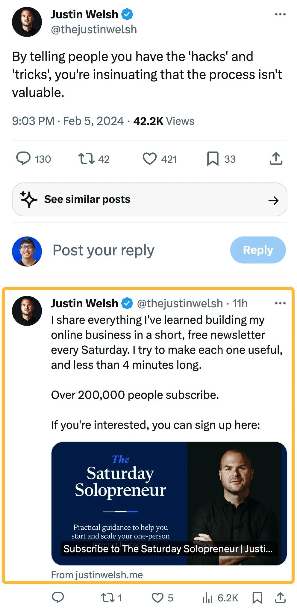 Justin Welsh 请他的粉丝订阅他的邮件列表