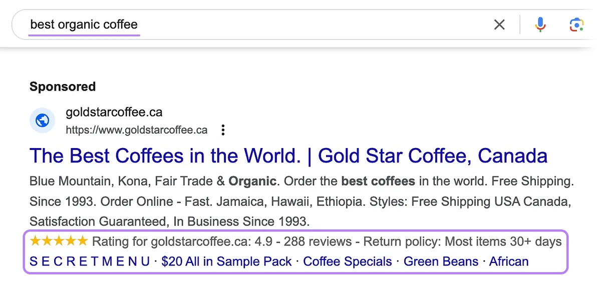 “best organic coffee”查询的 Google 搜索广告