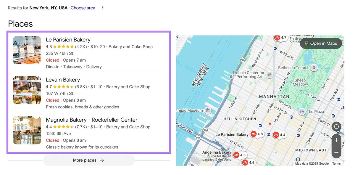 Google 搜索结果高亮显示前三个本地商家列表。