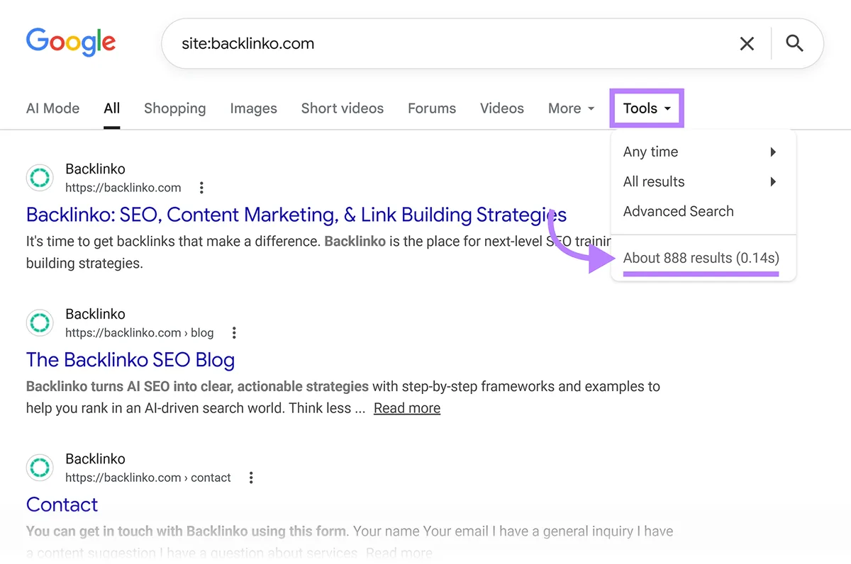 site:backlinko.com 的 Google 搜索结果,Tools 菜单中已编入索引的页面数量已高亮显示