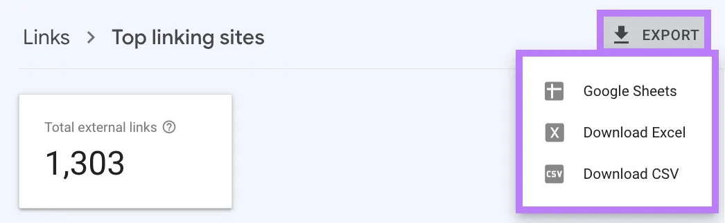 “Top linking sites”部分中的“Export”下拉菜单