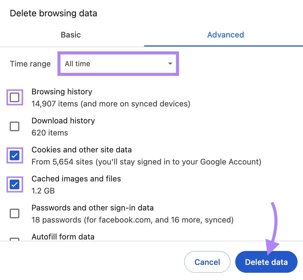 Chrome 上的“Delete browsing data”窗口，已点击“Delete data”。