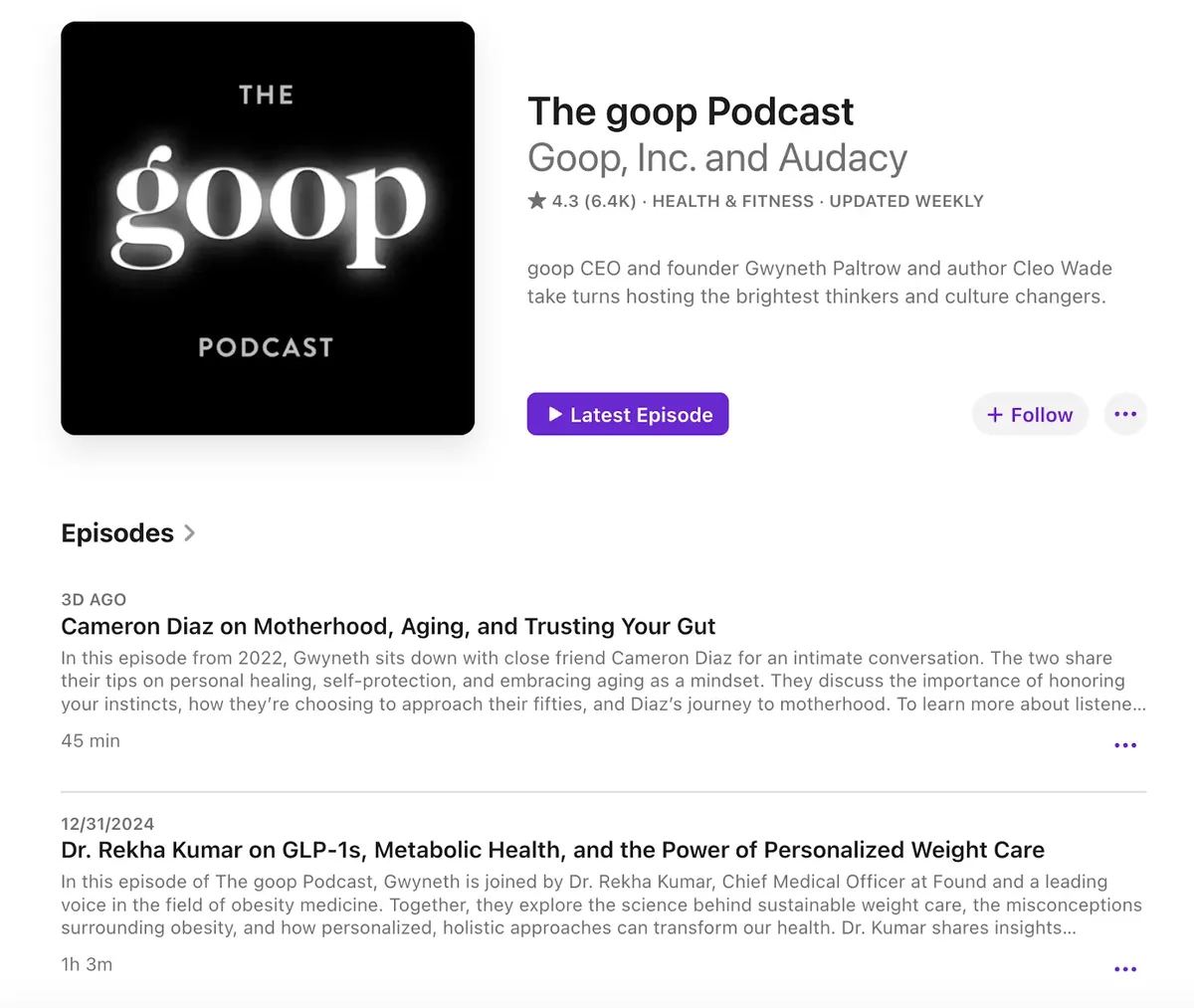 The Goop 播客页面。
