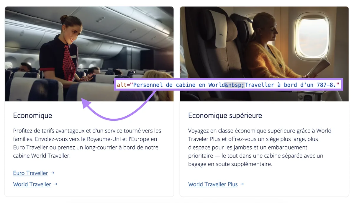 alt 文本为:787-8 航班上 World Traveller 舱的乘务组(法文)。