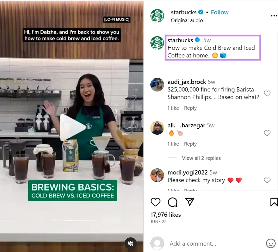 Starbucks 的 Instagram 视频“Brewing basics: cold brew vs. iced coffee”