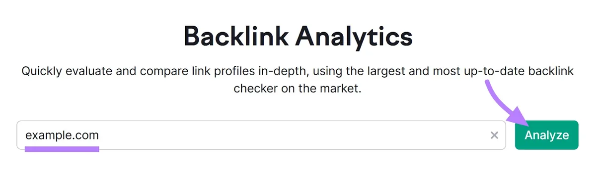 Backlinks 工具，搜索栏中输入“example.com”，“analyze”按钮高亮