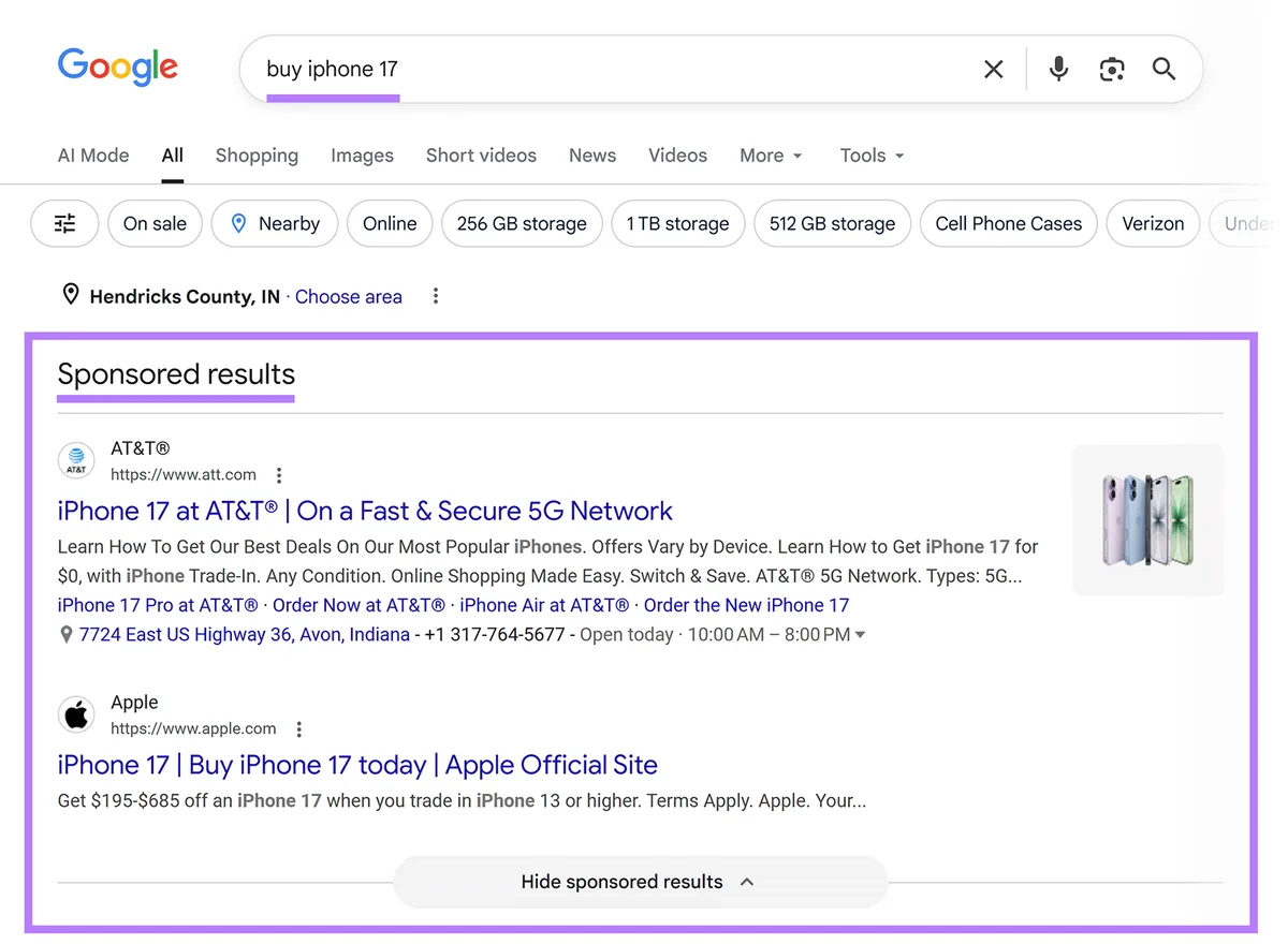 “buy iphone 17”的 Google 搜索结果，展示来自 AT&T 和 Apple 的赞助广告
