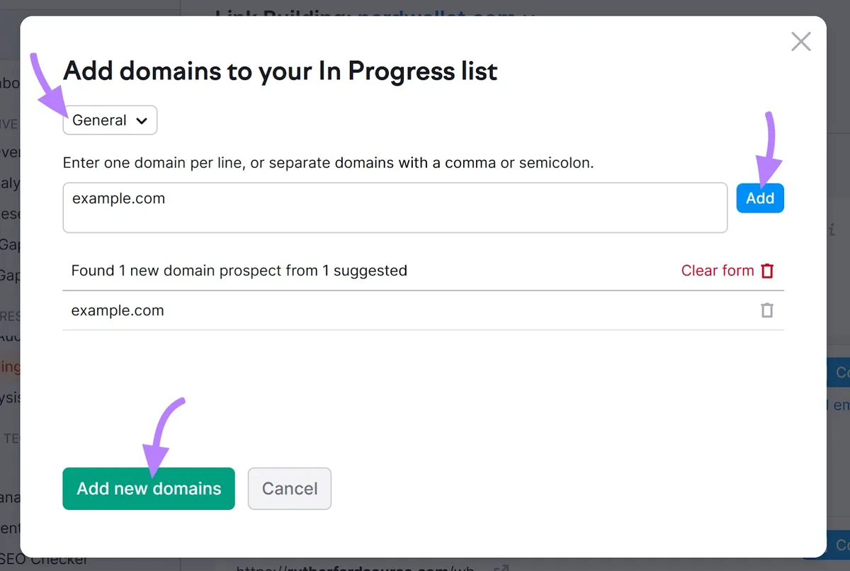 “将域名添加到你的进行中列表”页面