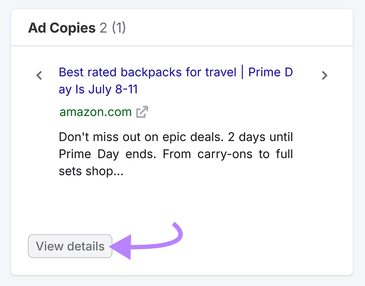卡片中显示的 Amazon 双肩包广告文案，紫色箭头指向底部的“View details”按钮。