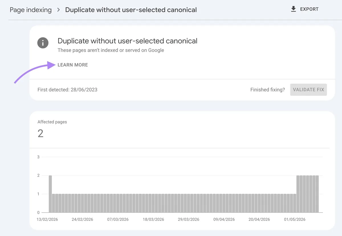 GSC 上存在“duplicate without user-selected canonical”索引问题的页面,并突出显示“Learn more”按钮。