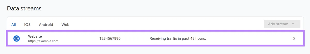 Google Analytics 管理部分中的 Web 数据流。