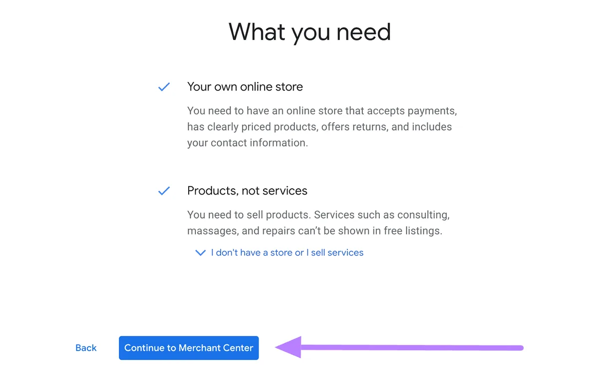 “你需要什么”窗口，“Continue to Merchant Center”按钮被突出显示