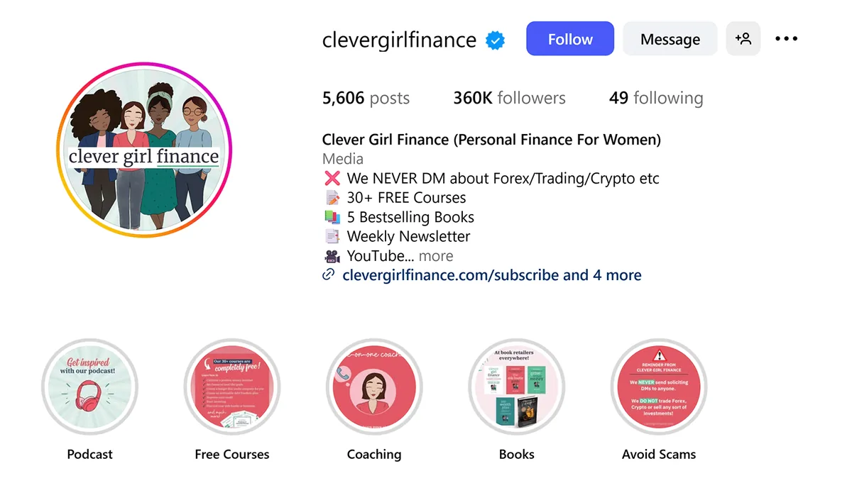 Clever Girl Finance 的 Instagram 资料,显示粉丝数、精选故事和简介。