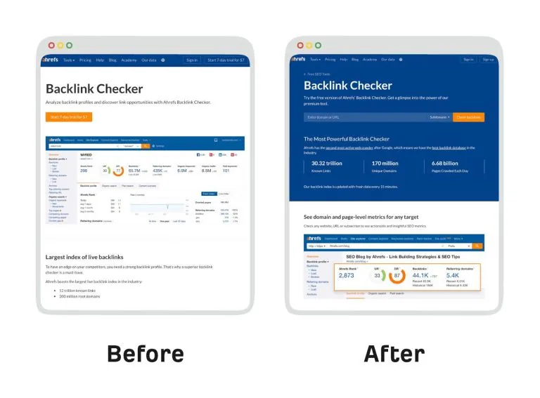 Ahrefs Backlink Checker 落地页改版的改版前后对比,展示原始落地页版本和更新后的工具页面