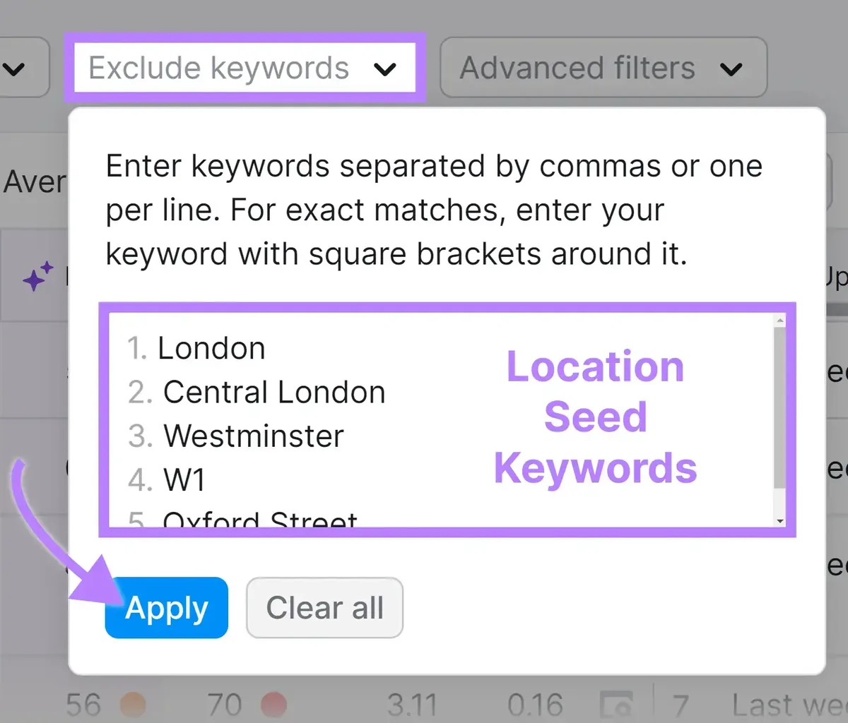 在 Keyword Magic Tool 上应用过滤器，排除位置种子关键词。