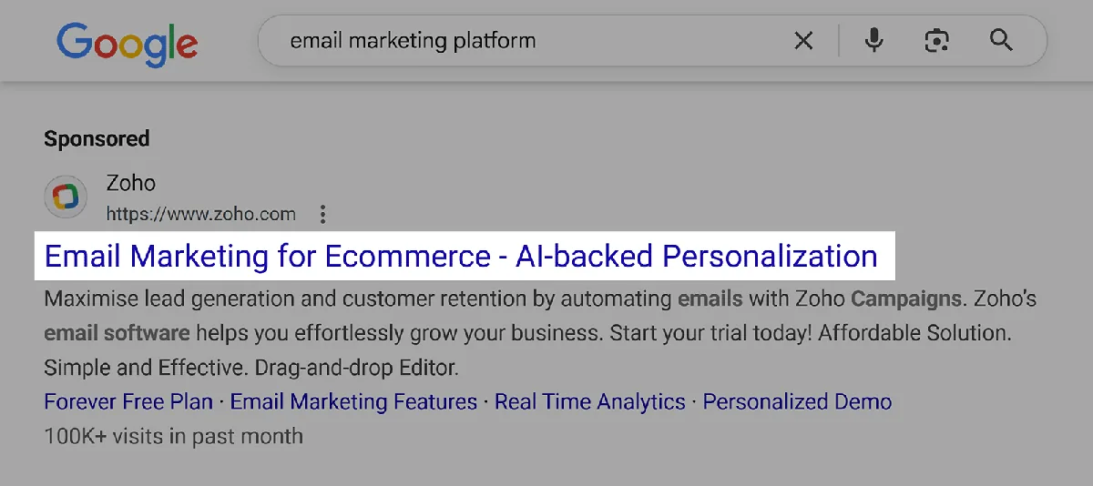 email marketing platform 搜索广告的 Google 广告标题已高亮显示。