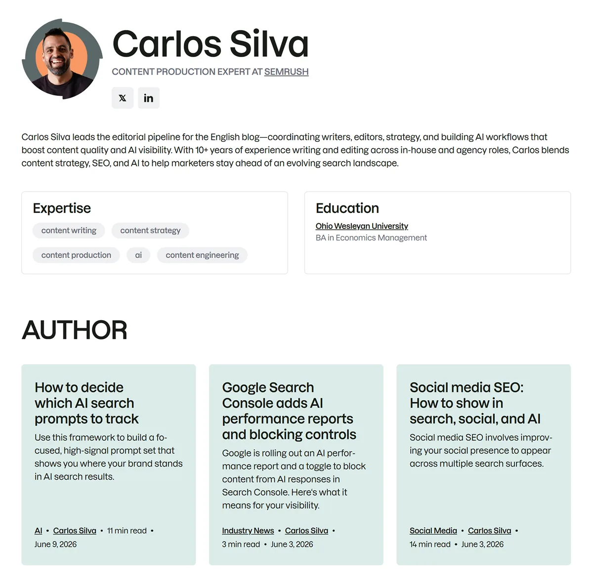 Semrush 作者简介页 Carlos Silva,含专长、教育背景和文章链接