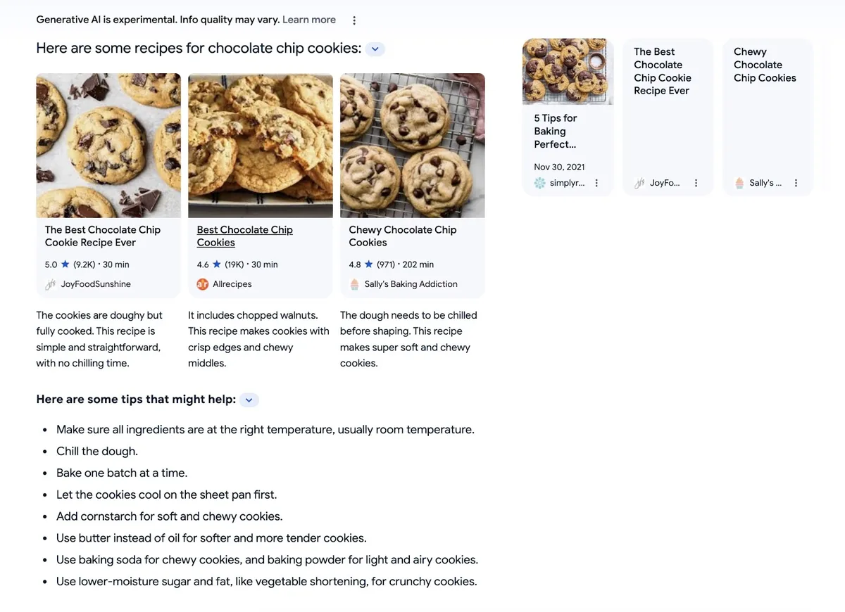 Google SGE 针对“best chocolate chip cookie recipe”的结果