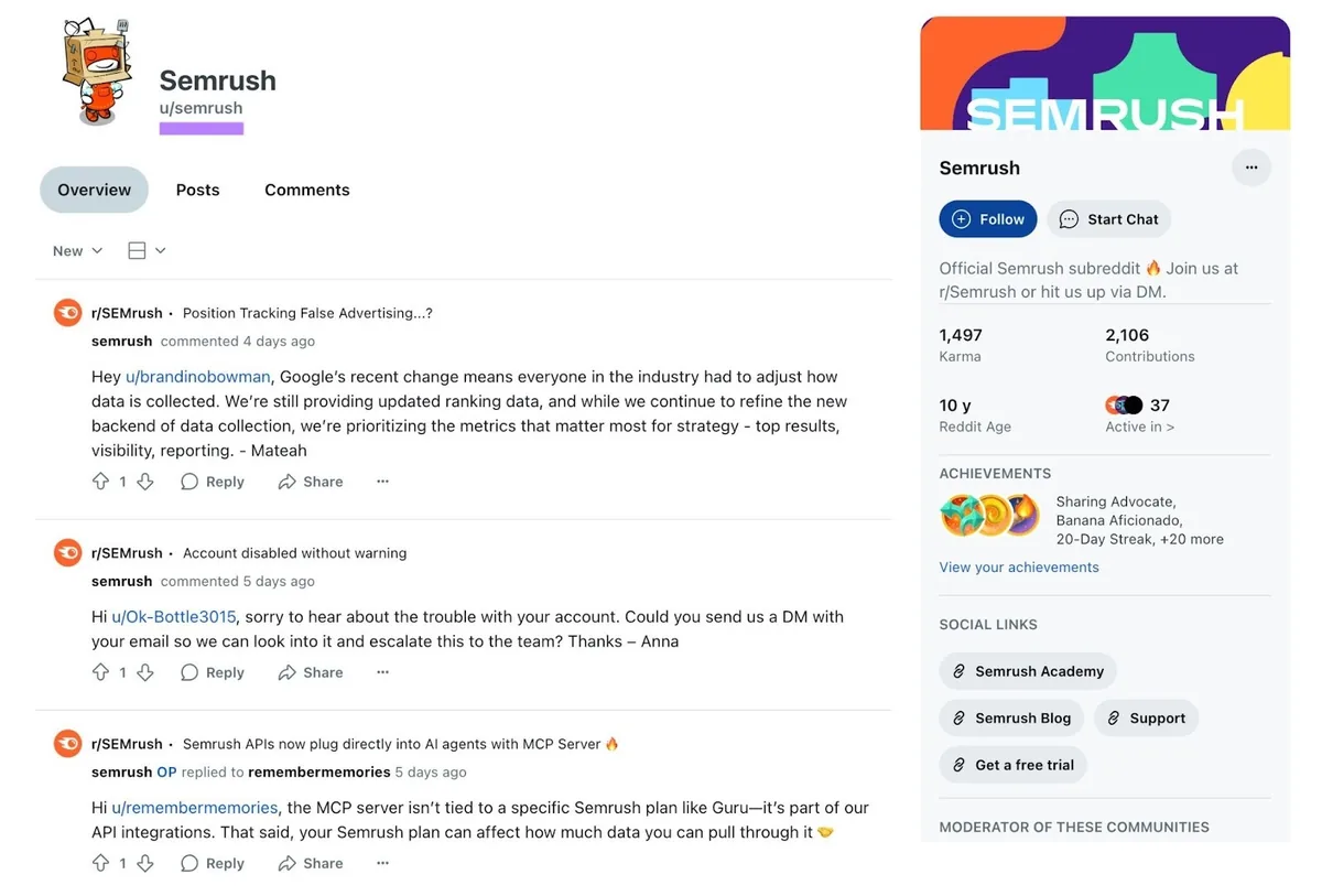 品牌 Semrush 以用户名“u/semrush”运营的 Reddit 资料。