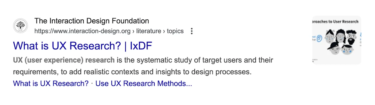 博客文章的标题标签写着“what is UX research? | IxDF.”。