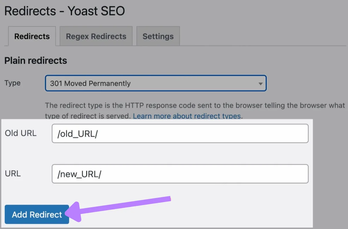 Yoast SEO Premium 的“Redirects”标签页,“Add redirect”按钮被突出显示。
