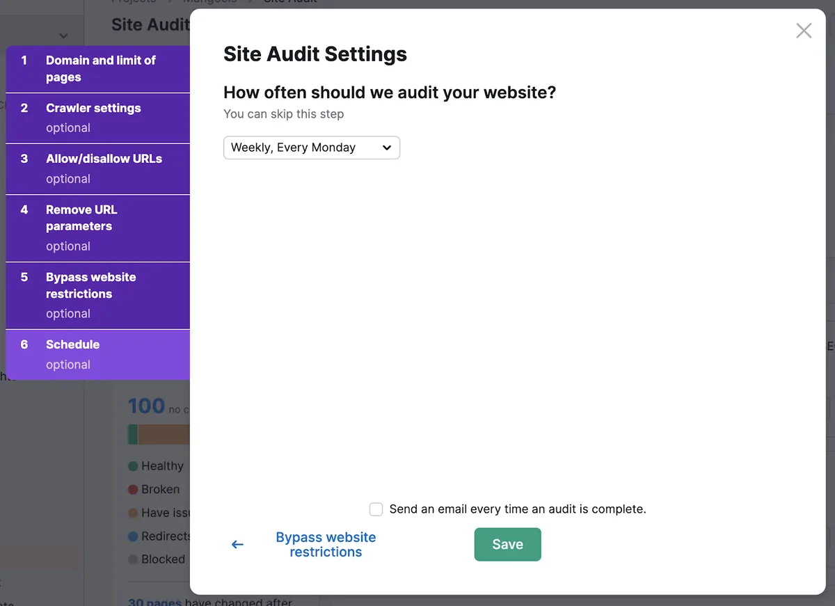 在“Site Audit Settings”窗口中安排每周审计