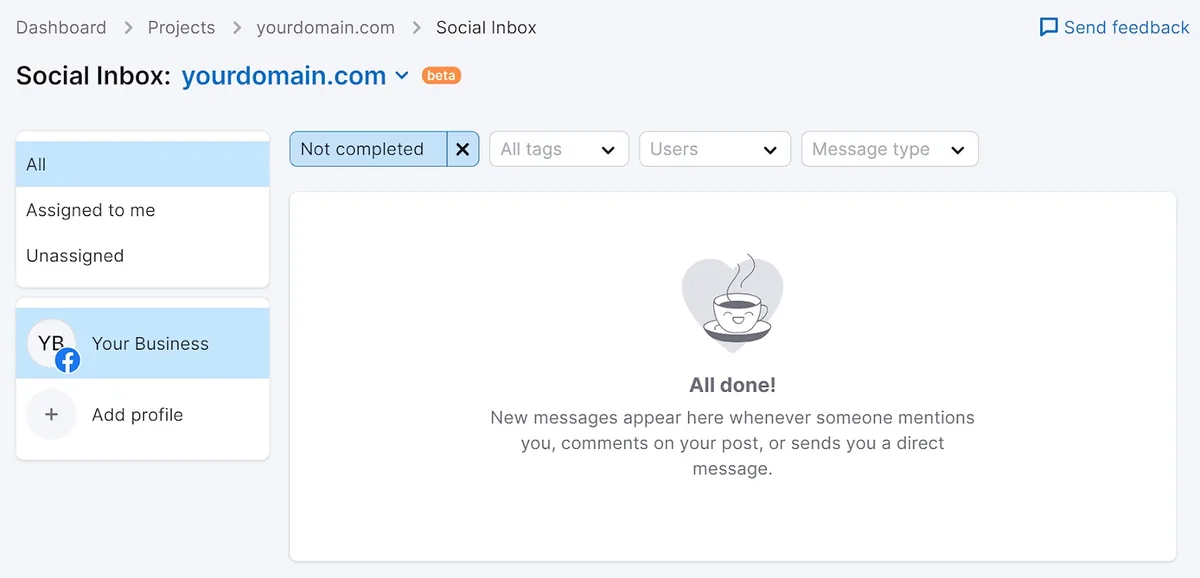 Semrush 的 Social Inbox 仪表盘