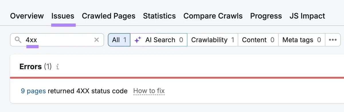 Site Audit 上的“Issues”标签页,输入“4xx”,显示相关问题列表。
