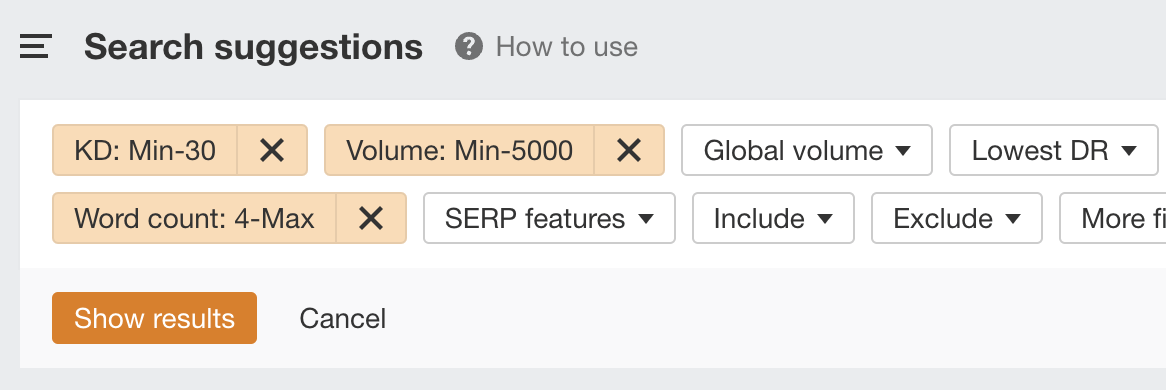Keywords Explorer 中用于长尾关键词的筛选器