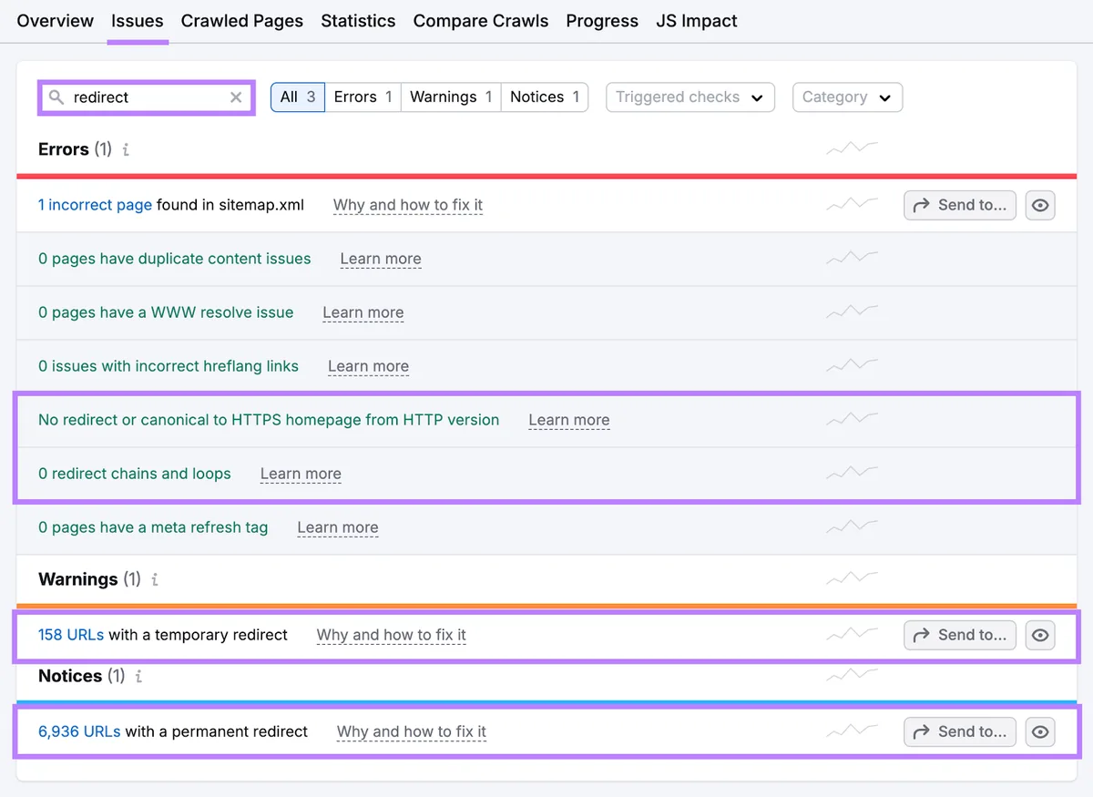 Site Audit 中高亮显示的重定向问题