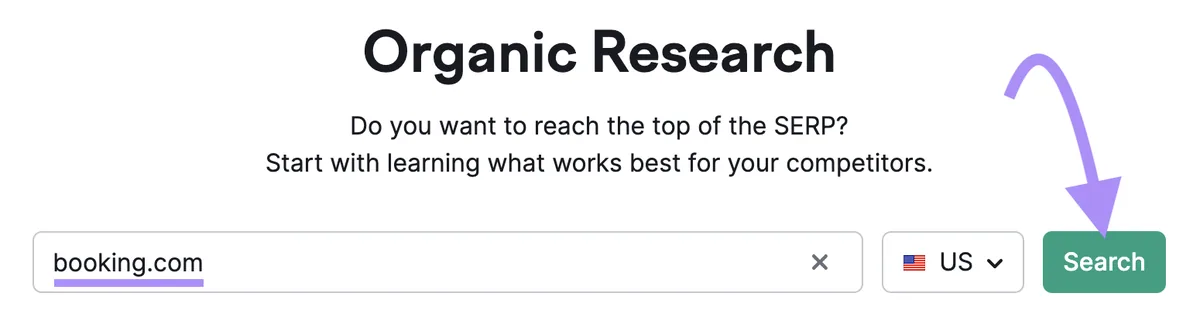 在 Organic Rankings 工具搜索栏中输入的“booking.com”