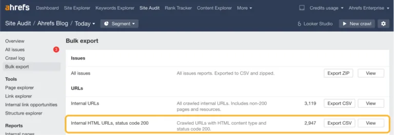 如何在 Ahrefs 的 Site Audit 中导出内部 HTML URL