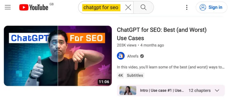 在 YouTube 上搜索“chatgpt for seo”