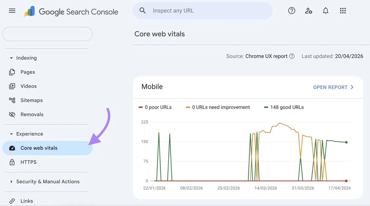 Google Search Console 上的“Core Web Vitals”报告。