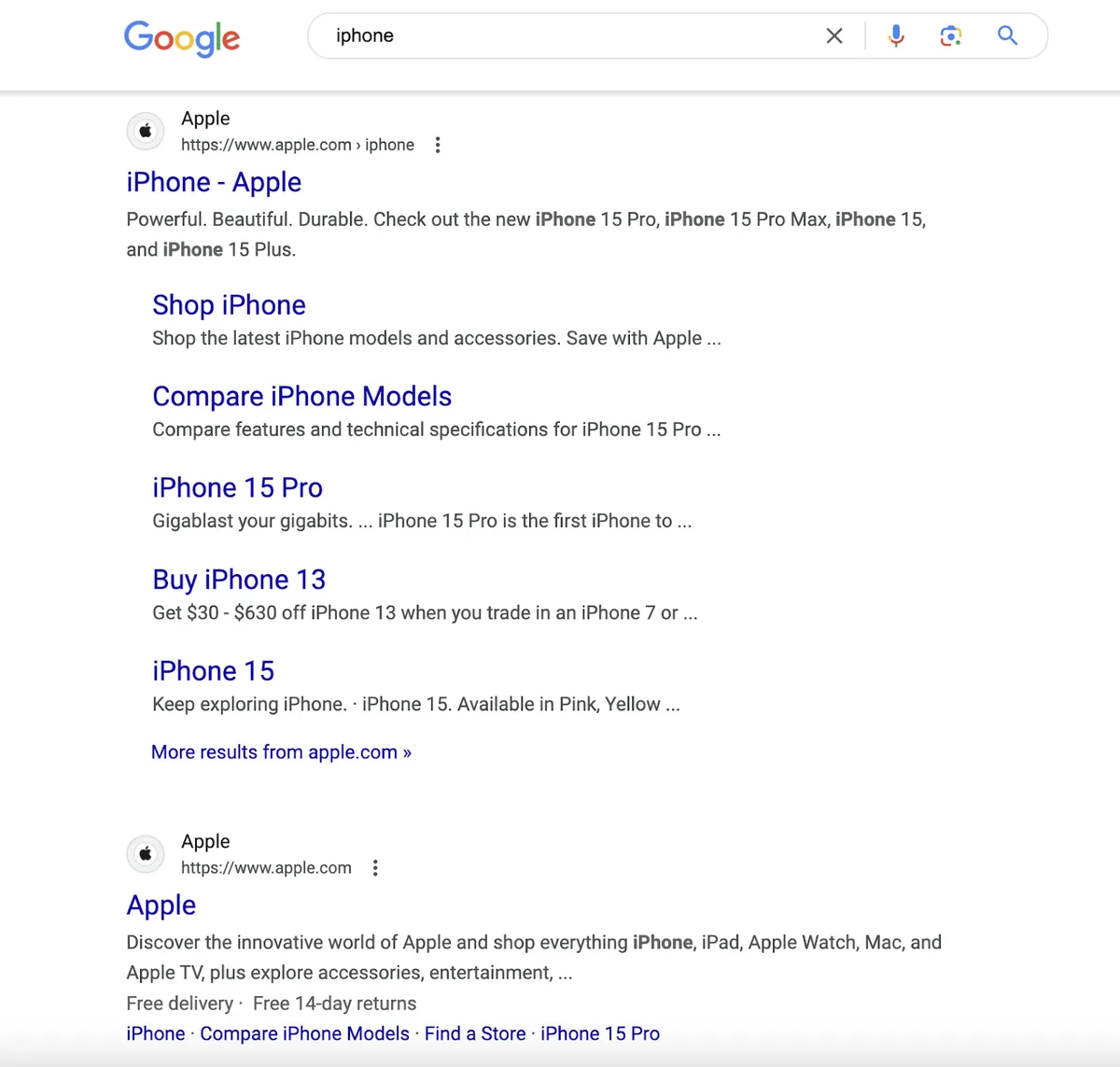只有两条 Apple 自然搜索结果位于首屏。