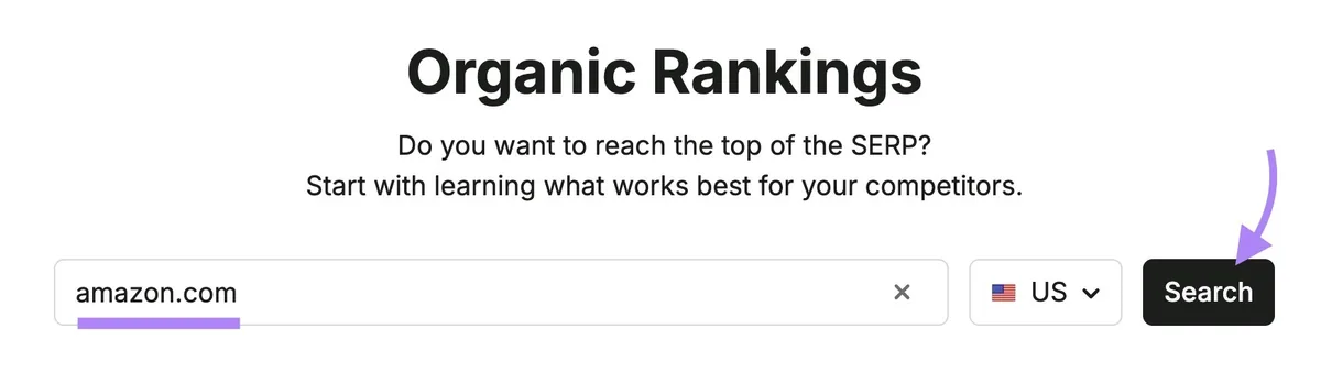 Organic Rankings 工具起始页,已输入域名“amazon.com”并点击“Search”。