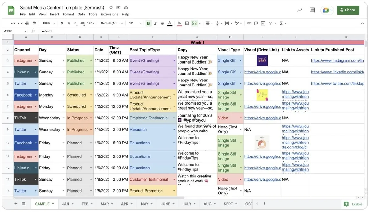 Semrush 制作的社交内容日历模板