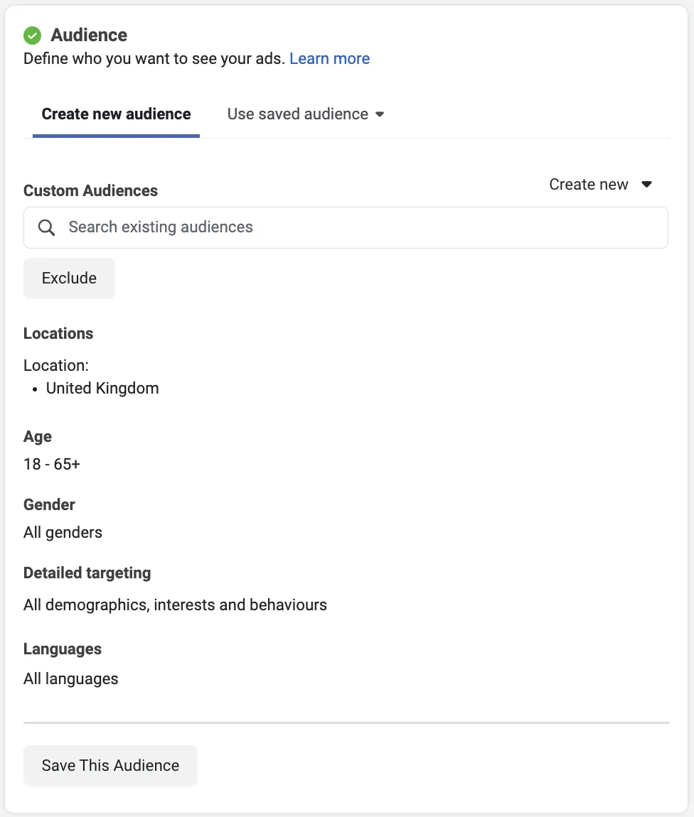 Facebook 广告中的“Create new audience”部分