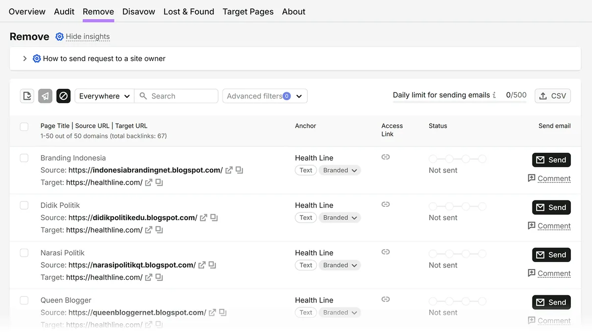 Backlink Audit 的“Remove”标签页，显示可进行外联和移除申请的反向链接
