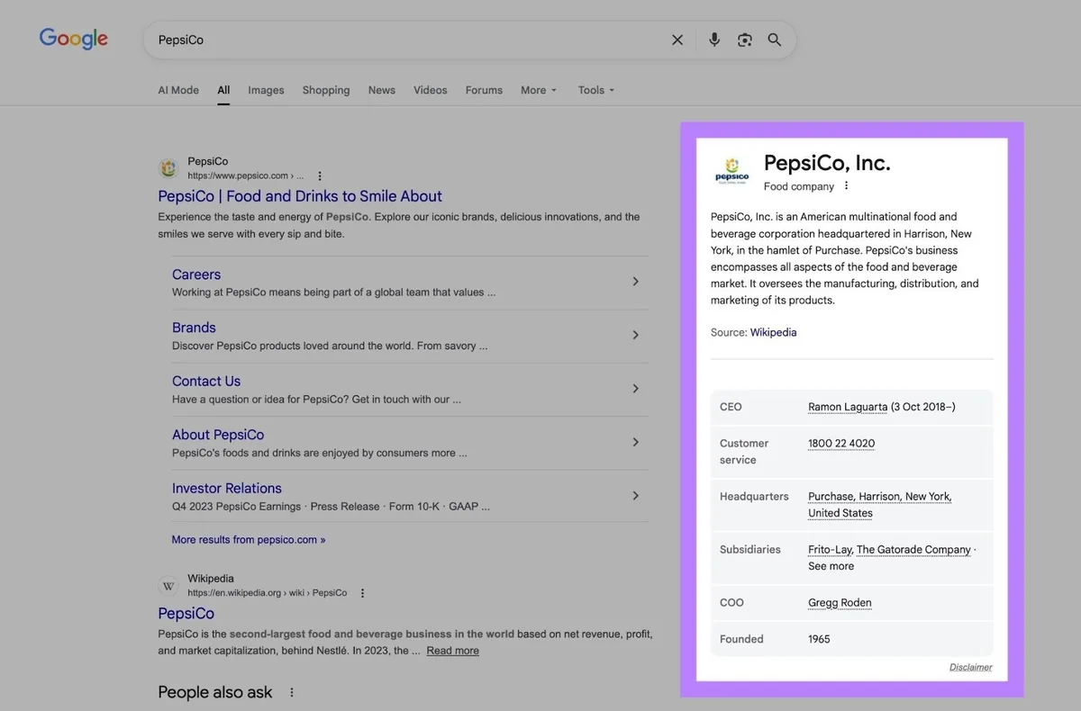 Google 搜索结果页面,右侧的知识面板已高亮显示。
