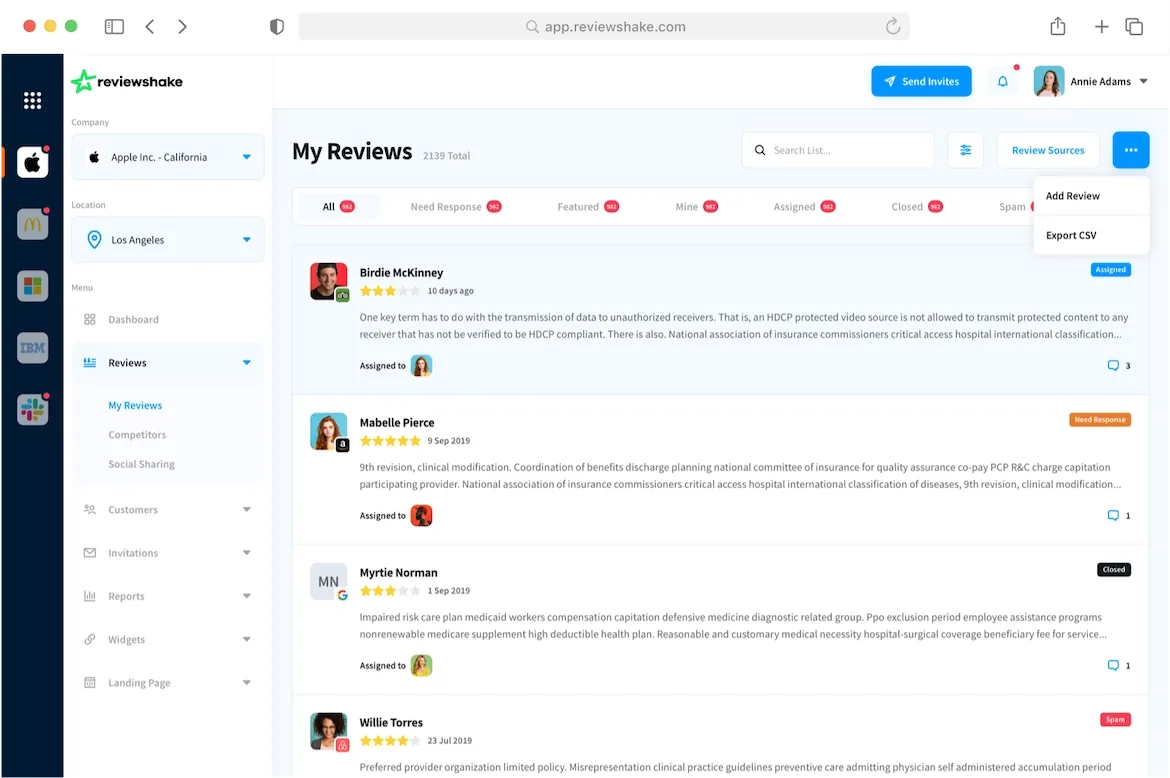 Reviewshake 中的“My Reviews”仪表盘