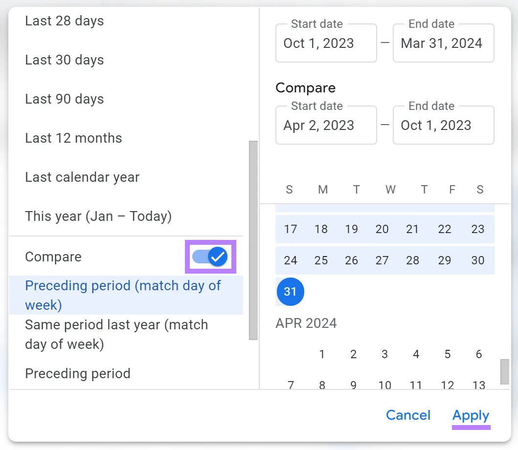 Google Analytics 日期范围选择器,Compare 和 Apply 按钮已高亮显示。