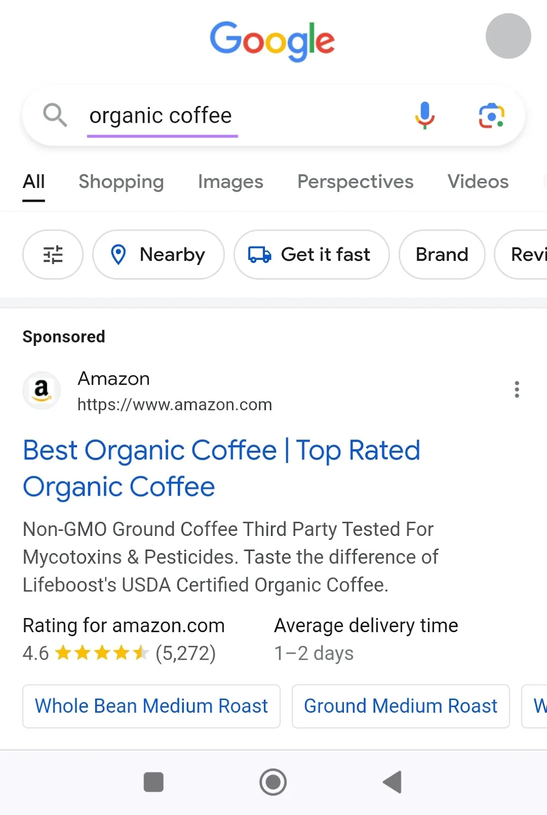 移动端搜索结果中针对“organic coffee”查询的 Amazon 广告